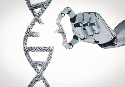 A robotic hand adding a piece of DNA to an existing DNA strand to complete the sequence.
